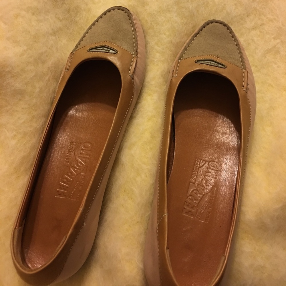 Salvatore Ferragamo Beige and Tan Leather Flats